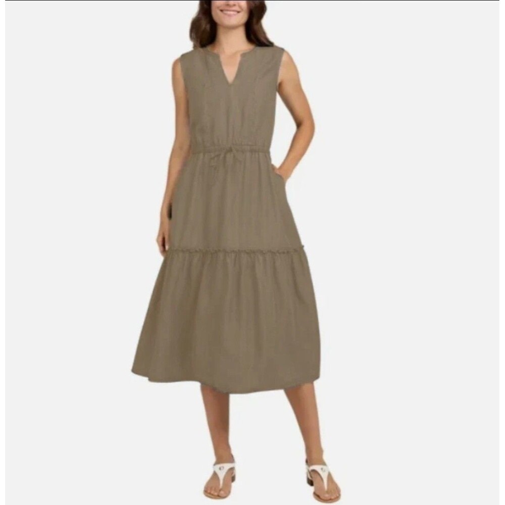 Lands' End Women's Medium Rayon Midi Dress Tiered Elastic Waist Tan NWT E2
